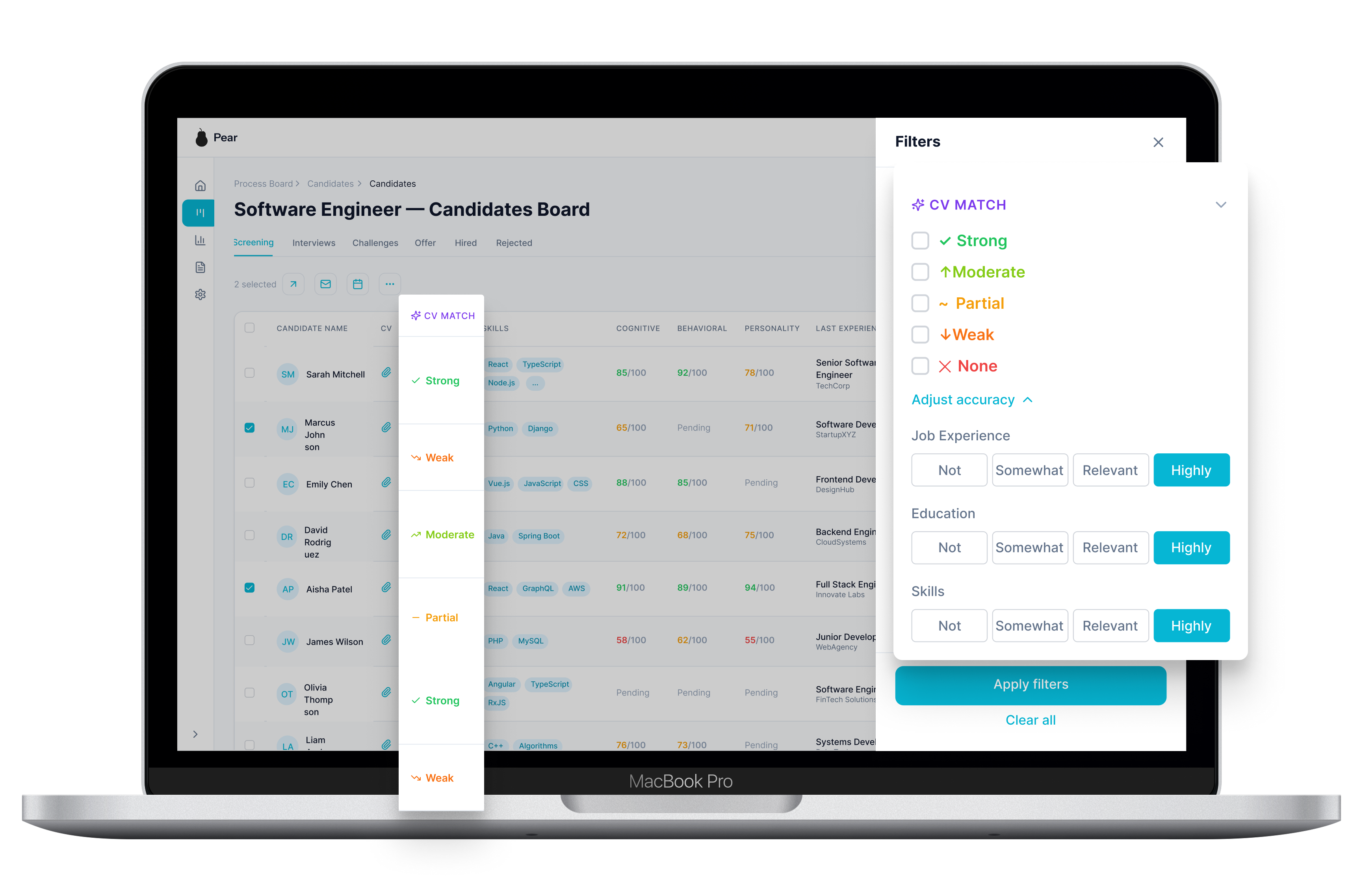 Candidates board with the CV match column and filters panel